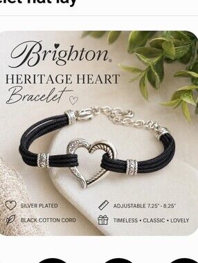 Brighton Heritage Heart Bracelet Retired Black Cord Silver Plated Adjustable